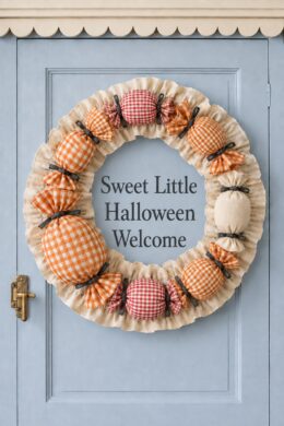 Ruffled cream wreath framing the words Sweet Little Halloween Welcome with oversized checked fabric candies on a blue paneled door