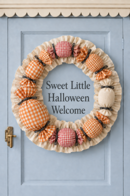 Ruffled cream wreath framing the words Sweet Little Halloween Welcome with oversized checked fabric candies on a blue paneled door