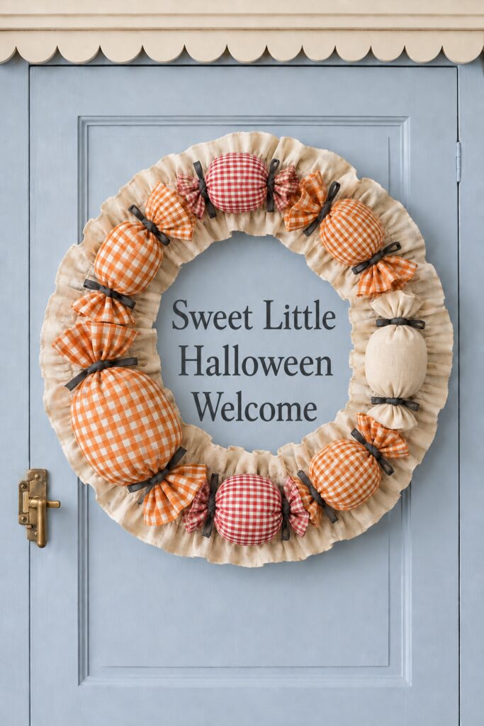Ruffled cream wreath framing the words Sweet Little Halloween Welcome with oversized checked fabric candies on a blue paneled door