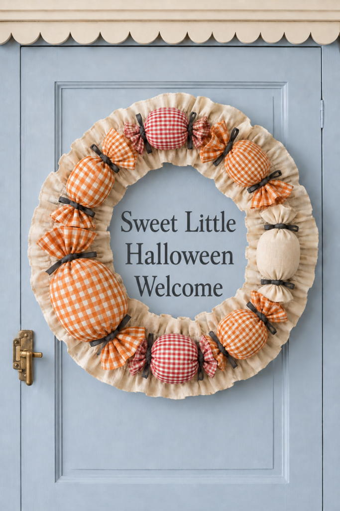 Ruffled cream wreath framing the words Sweet Little Halloween Welcome with oversized checked fabric candies on a blue paneled door