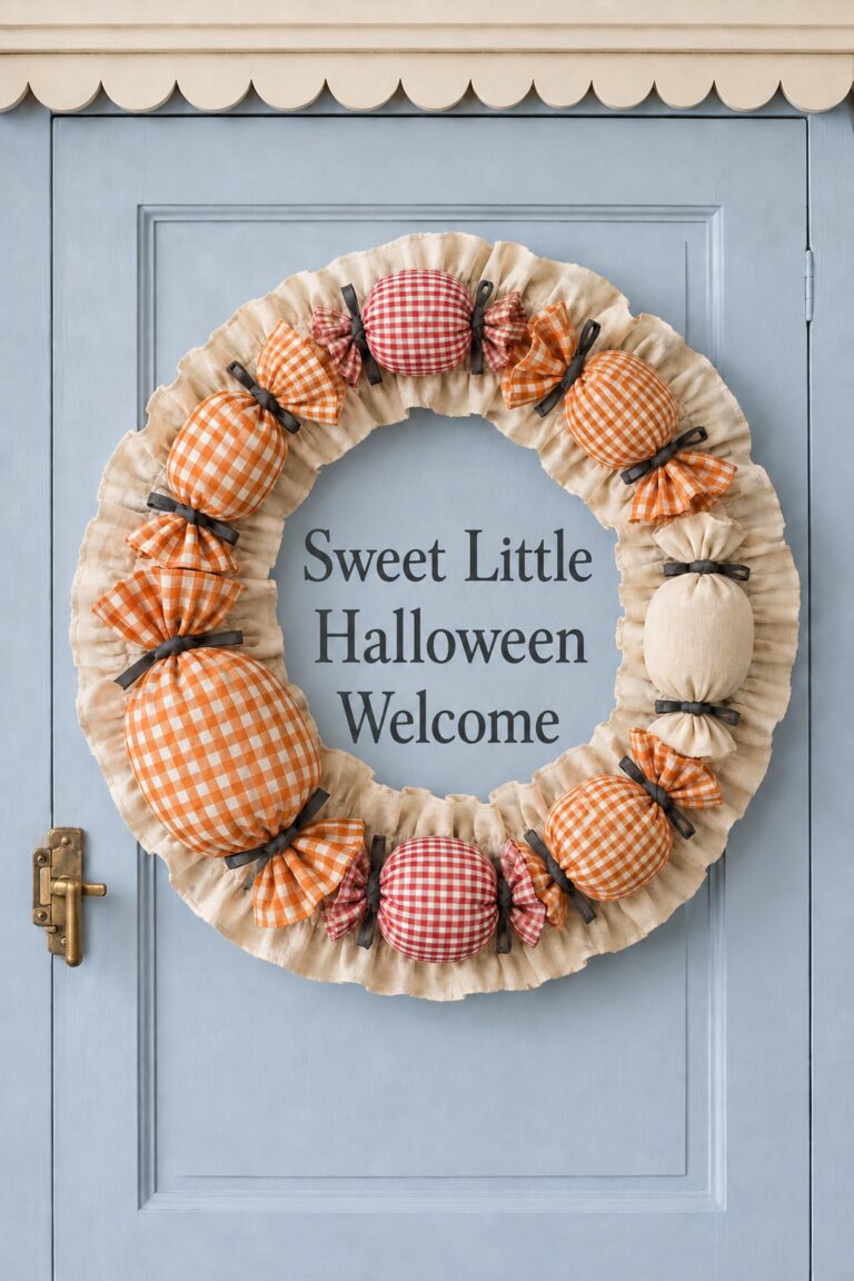 Ruffled cream wreath framing the words Sweet Little Halloween Welcome with oversized checked fabric candies on a blue paneled door