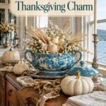Elegant harvest arrangement in a blue patterned tureen beside a river view with text reading A Tureen Full of Thanksgiving Charm