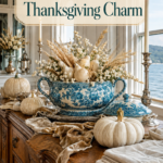 Elegant harvest arrangement in a blue patterned tureen beside a river view with text reading A Tureen Full of Thanksgiving Charm