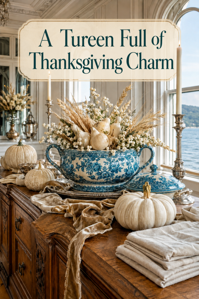Elegant harvest arrangement in a blue patterned tureen beside a river view with text reading A Tureen Full of Thanksgiving Charm