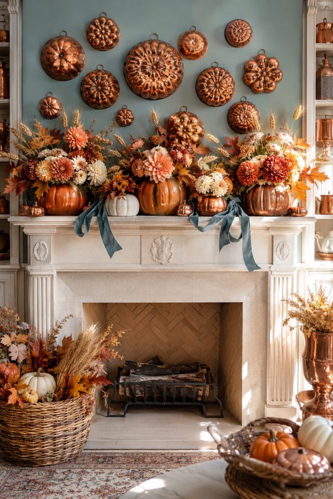Thanksgiving pumpkin flower mantel with copper mold gallery and teal velvet ribbon