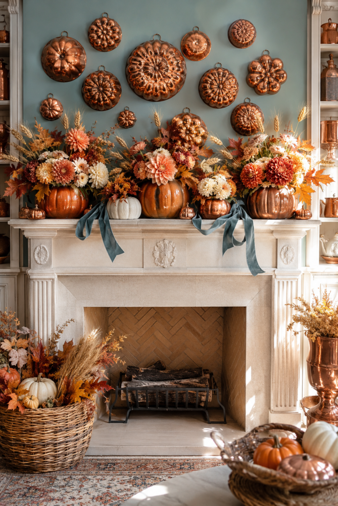 Thanksgiving pumpkin flower mantel with copper mold gallery and teal velvet ribbon