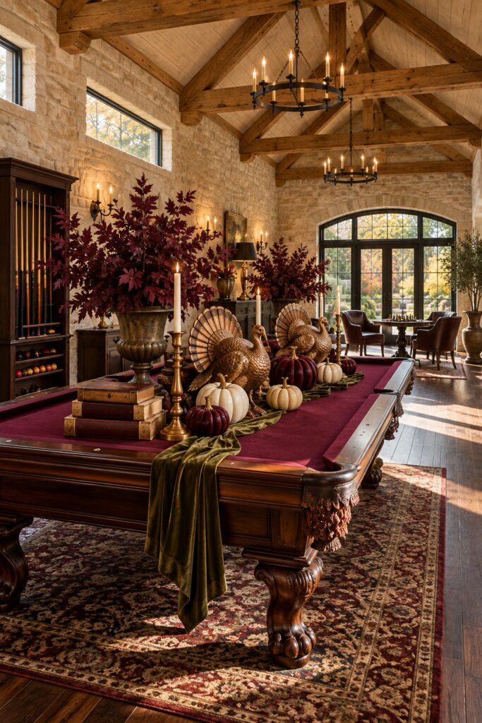Thanksgiving billiard room with golden turkey figures burgundy pumpkins olive velvet and autumn branches