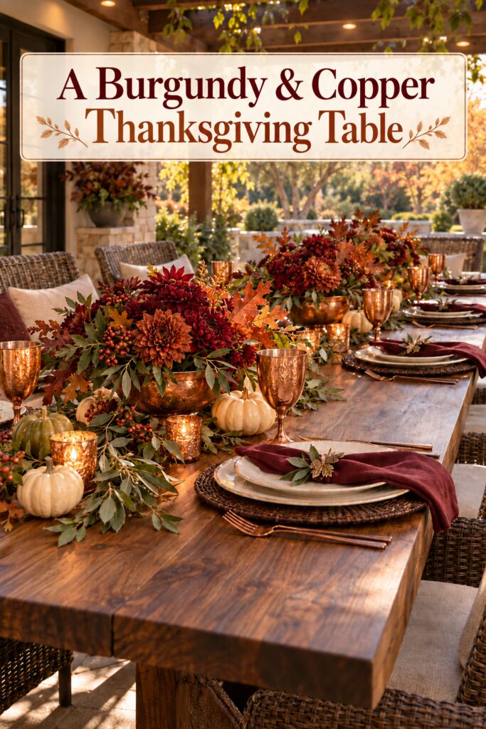 Burgundy and copper Thanksgiving table title above outdoor floral centerpieces and ivory pumpkins