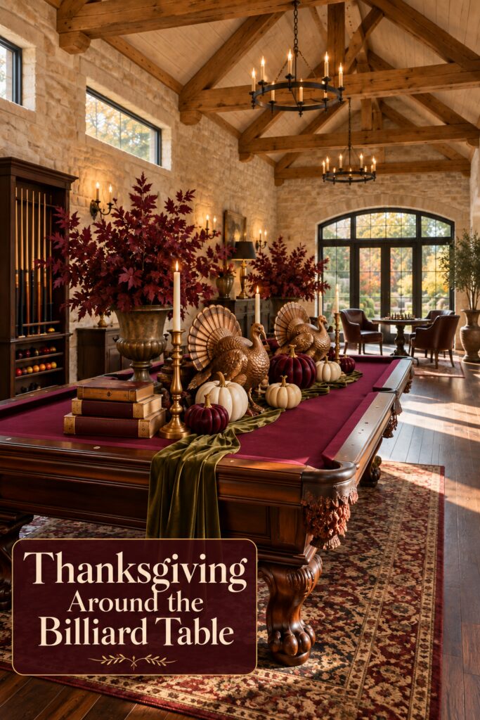 Stone barn game room with decorated billiard table and Thanksgiving Around the Billiard Table text overlay