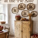 Harvest baskets and turkey dishes surround a vintage yellow cabinet with text reading Thanksgiving at the Pie Safe