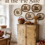 Harvest baskets and turkey dishes surround a vintage yellow cabinet with text reading Thanksgiving at the Pie Safe