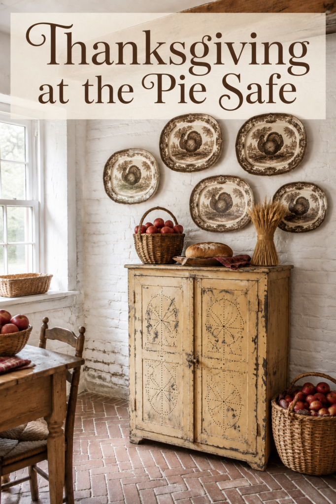 Harvest baskets and turkey dishes surround a vintage yellow cabinet with text reading Thanksgiving at the Pie Safe
