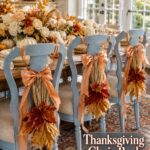 Thanksgiving chair back swag inspiration beside a floral harvest table with white pumpkins