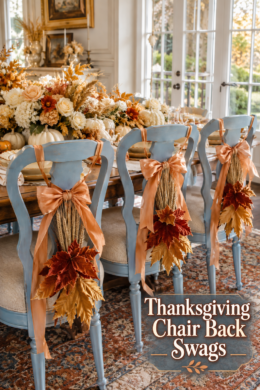 Thanksgiving chair back swag inspiration beside a floral harvest table with white pumpkins