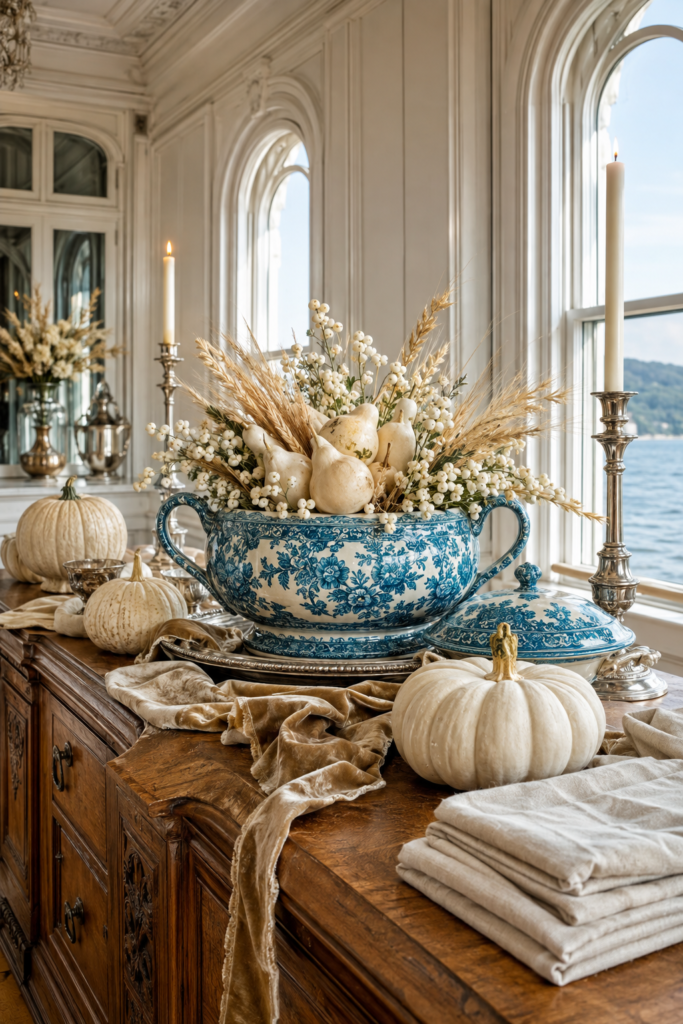 Turquoise patterned tureen filled with pale pears wheat and white berries on a Thanksgiving sideboard with ivory pumpkins silver candlesticks and velvet