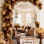 Asymmetrical harvest archway with burgundy ribbon and Thanksgiving decorating headline