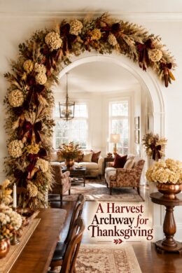 Asymmetrical harvest archway with burgundy ribbon and Thanksgiving decorating headline