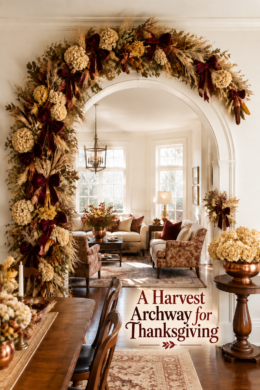 Asymmetrical harvest archway with burgundy ribbon and Thanksgiving decorating headline