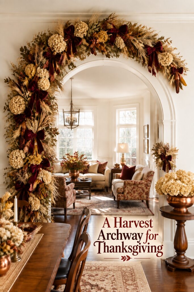 Asymmetrical harvest archway with burgundy ribbon and Thanksgiving decorating headline