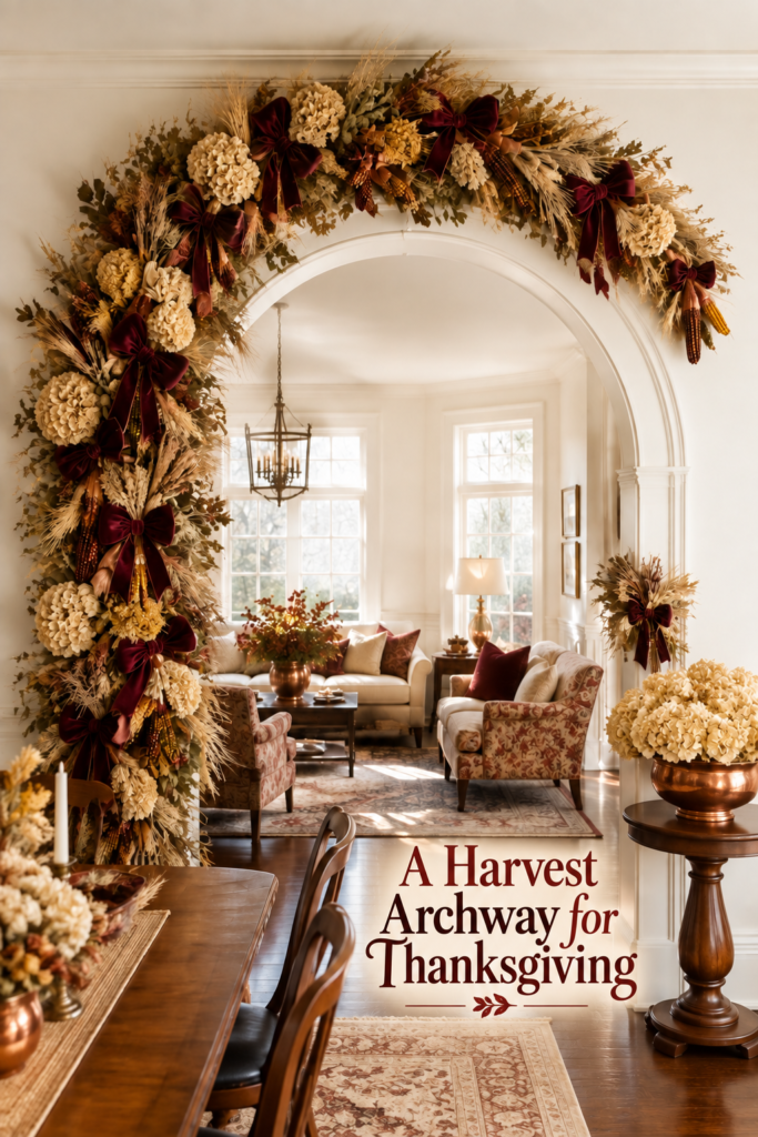 Asymmetrical harvest archway with burgundy ribbon and Thanksgiving decorating headline