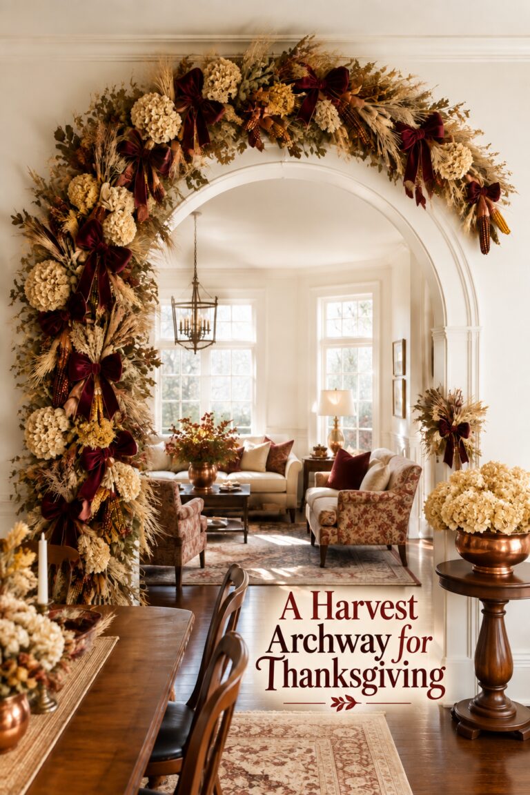 Asymmetrical harvest archway with burgundy ribbon and Thanksgiving decorating headline