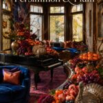 Persimmon and plum harvest decor with fruit filled pedestal bowls and turkey figures beneath text reading Thanksgiving in Persimmon and Plum