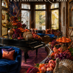 Persimmon and plum harvest decor with fruit filled pedestal bowls and turkey figures beneath text reading Thanksgiving in Persimmon and Plum
