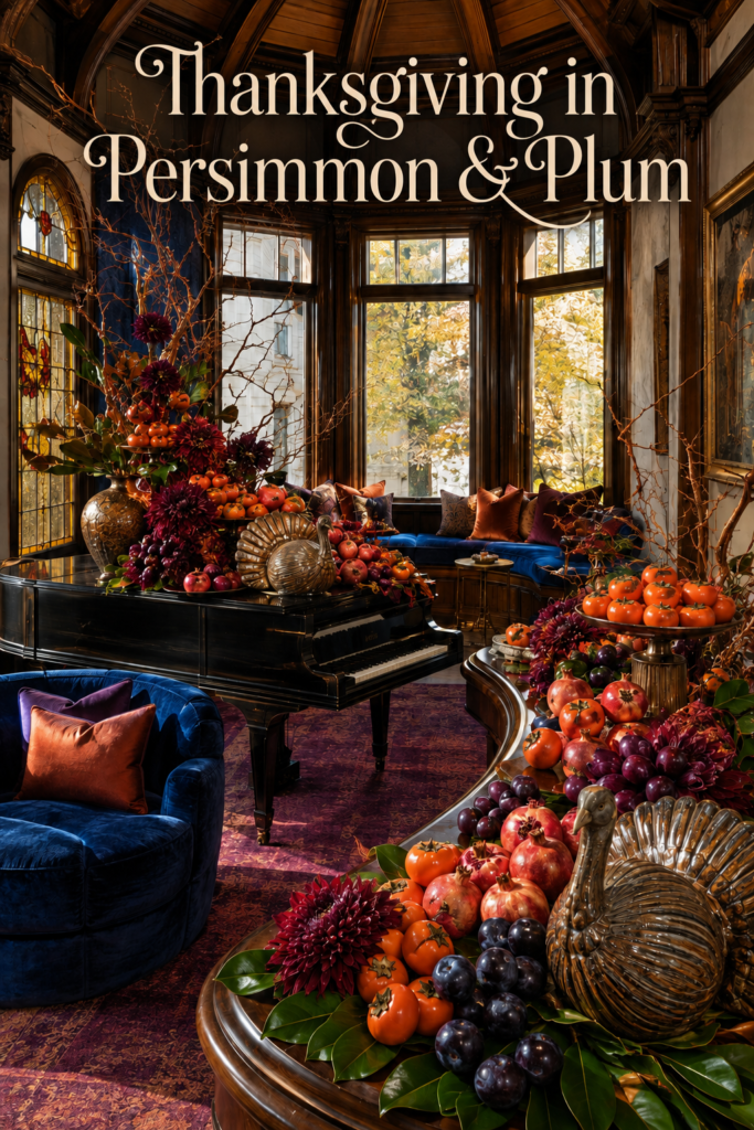 Persimmon and plum harvest decor with fruit filled pedestal bowls and turkey figures beneath text reading Thanksgiving in Persimmon and Plum