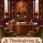 Thanksgiving in a Georgian home office headline below copper turkey decor and an oval walnut desk