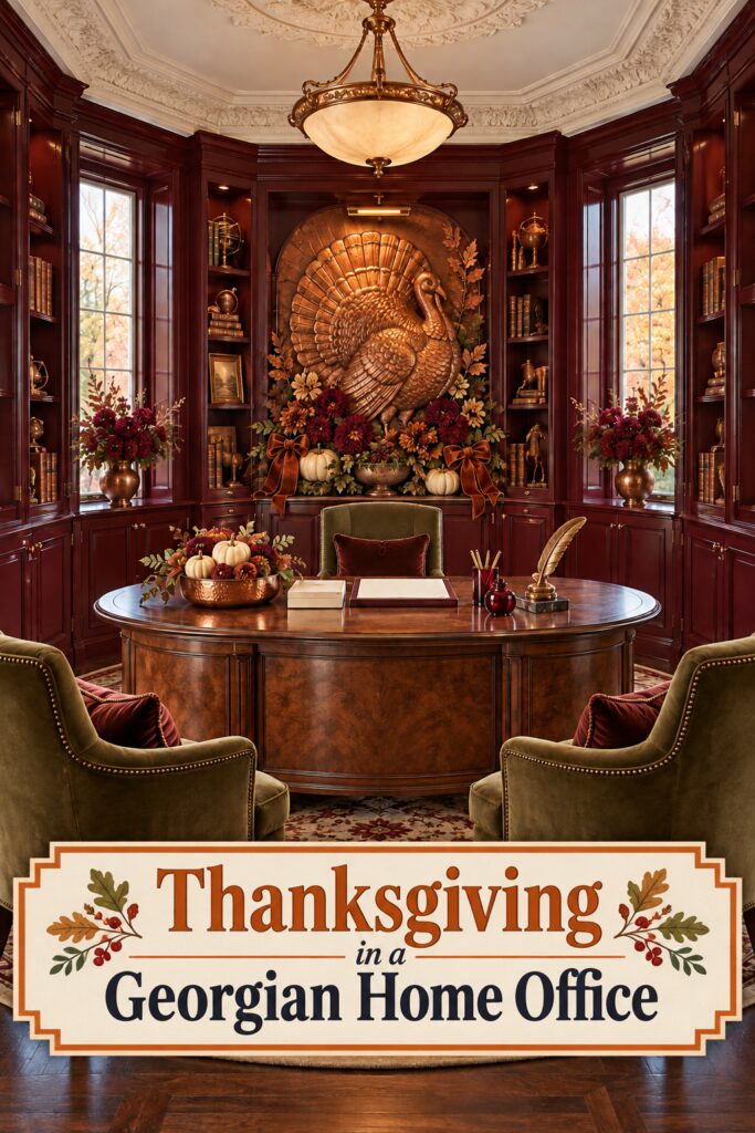 Thanksgiving in a Georgian home office headline below copper turkey decor and an oval walnut desk