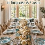 Thanksgiving table with blue green dishes clear goblets and a neutral harvest centerpiece beneath the words Thanksgiving in Turquoise and Cream