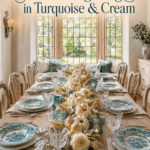 Thanksgiving table with blue green dishes clear goblets and a neutral harvest centerpiece beneath the words Thanksgiving in Turquoise and Cream