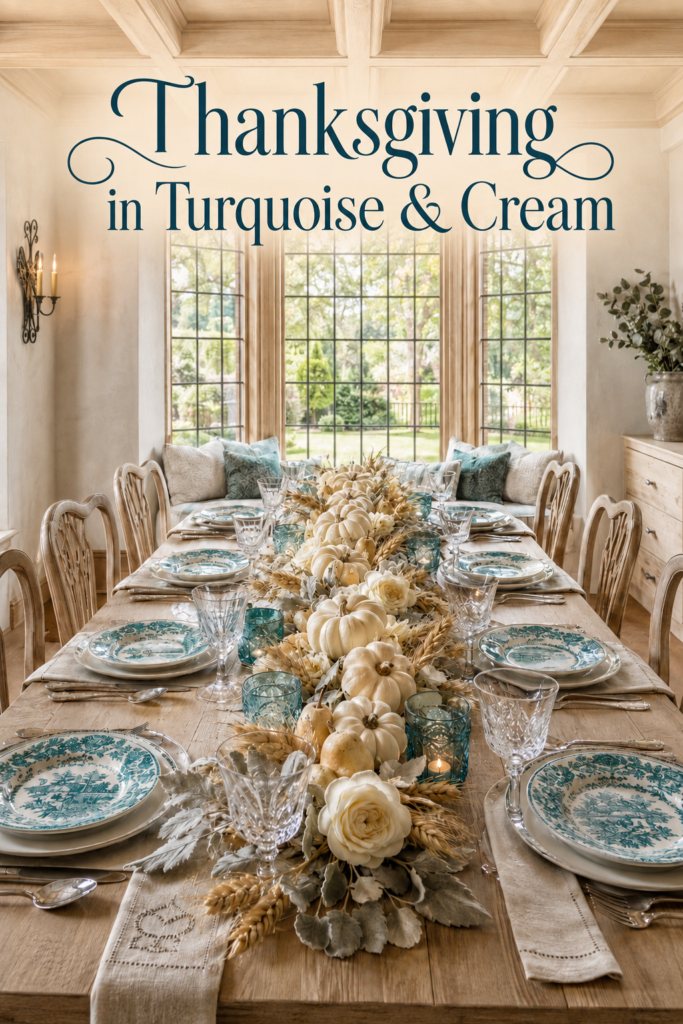 Thanksgiving table with blue green dishes clear goblets and a neutral harvest centerpiece beneath the words Thanksgiving in Turquoise and Cream