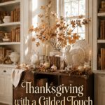 Gilded Thanksgiving library cabinet with cream turkeys brass candleholders and pomegranates beneath text reading Thanksgiving with a Gilded Touch
