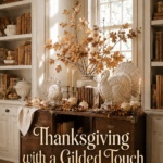 Gilded Thanksgiving library cabinet with cream turkeys brass candleholders and pomegranates beneath text reading Thanksgiving with a Gilded Touch