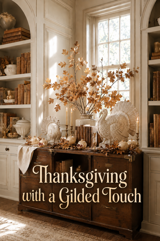Gilded Thanksgiving library cabinet with cream turkeys brass candleholders and pomegranates beneath text reading Thanksgiving with a Gilded Touch