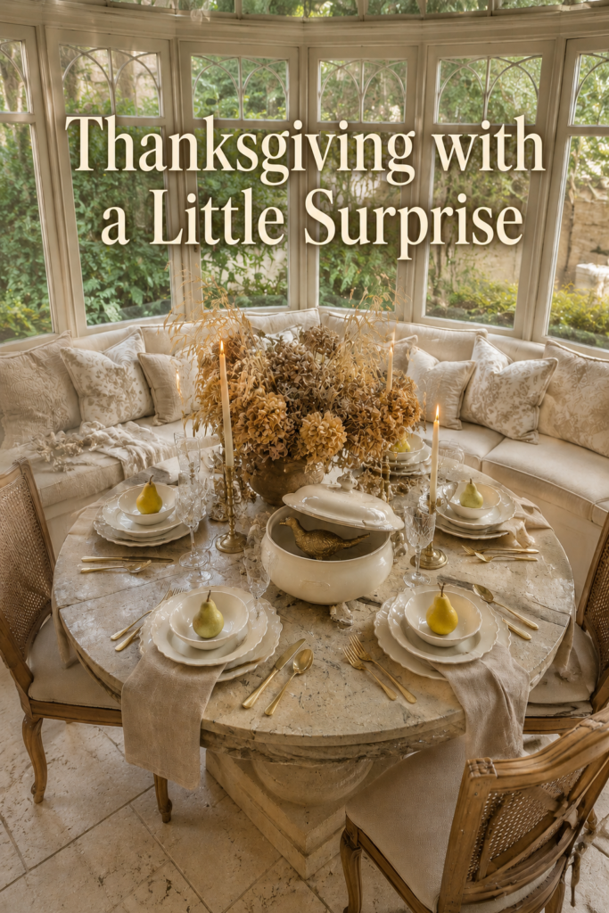 Neutral Thanksgiving table with pear place settings and a pheasant centerpiece beneath text reading Thanksgiving with a Little Surprise