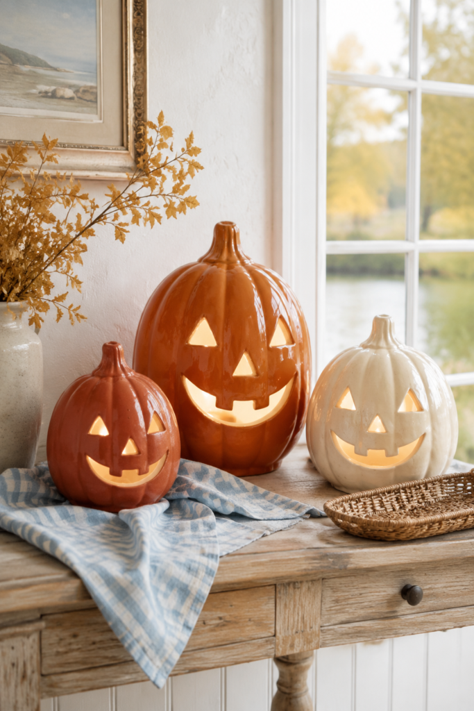 Three glowing ceramic pumpkin lanterns in orange rust and ivory on a weathered coastal console with blue fabric golden foliage and a wicker tray