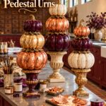 Three ornate pumpkin pedestal stacks beneath the words Make These Pumpkin Pedestal Urns