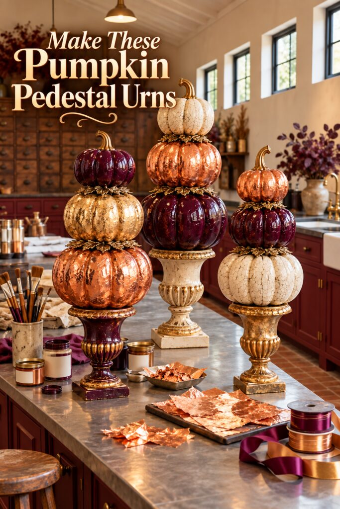 Three ornate pumpkin pedestal stacks beneath the words Make These Pumpkin Pedestal Urns