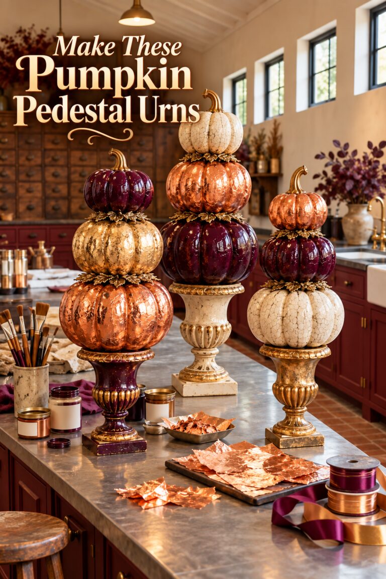 Three ornate pumpkin pedestal stacks beneath the words Make These Pumpkin Pedestal Urns
