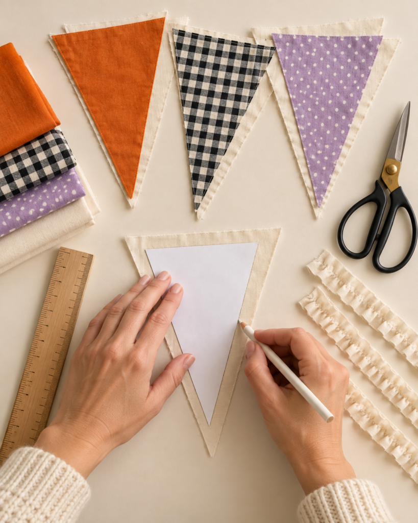 pair of hands tracing pennant triangles onto fabric