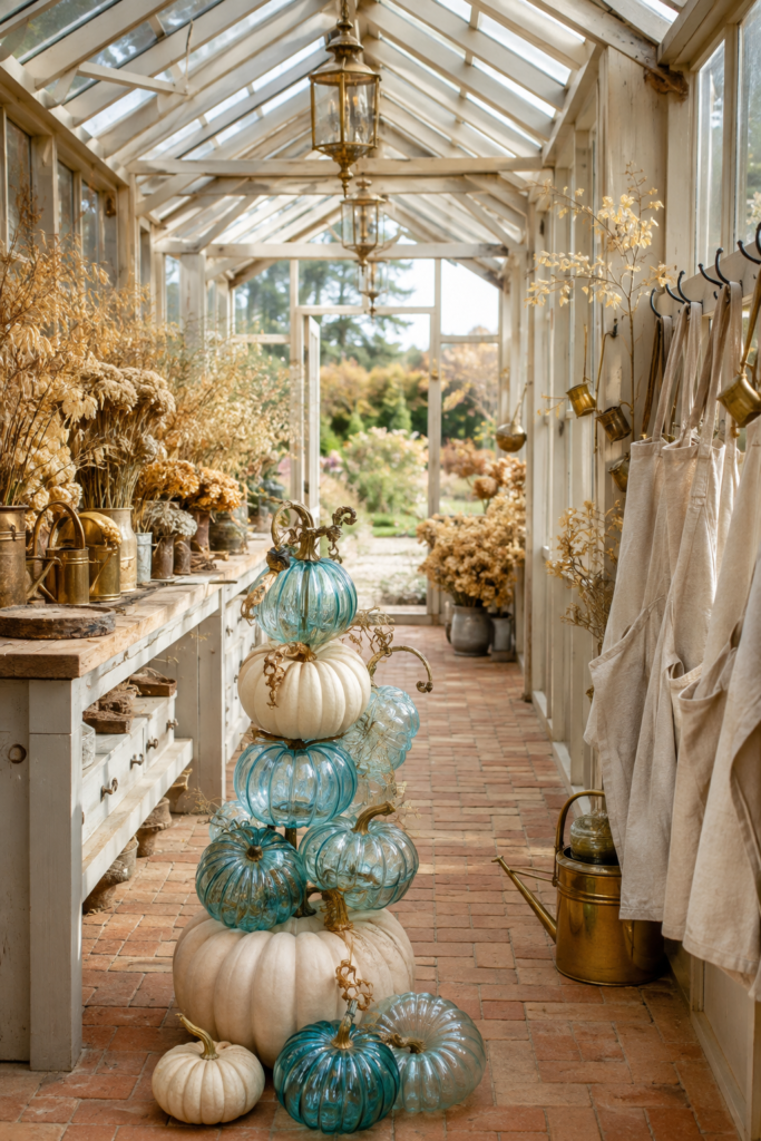 Turquoise glass gourds and ivory pumpkins arranged in a vintage glasshouse with dried golden flowers brass watering cans and hanging linen aprons