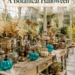 Botanical Halloween display in an ivory conservatory with turquoise glass pumpkins beneath text reading Turquoise Pumpkins A Botanical Halloween