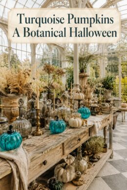 Botanical Halloween display in an ivory conservatory with turquoise glass pumpkins beneath text reading Turquoise Pumpkins A Botanical Halloween