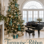 Christmas tree with turquoise and ivory ribbons beside a piano in a cream room with the words Turquoise Ribbon Christmas Charm