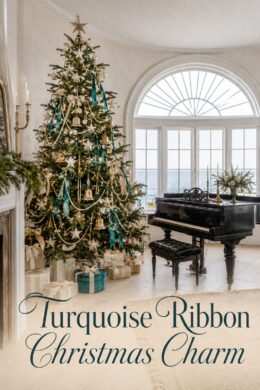 Christmas tree with turquoise and ivory ribbons beside a piano in a cream room with the words Turquoise Ribbon Christmas Charm