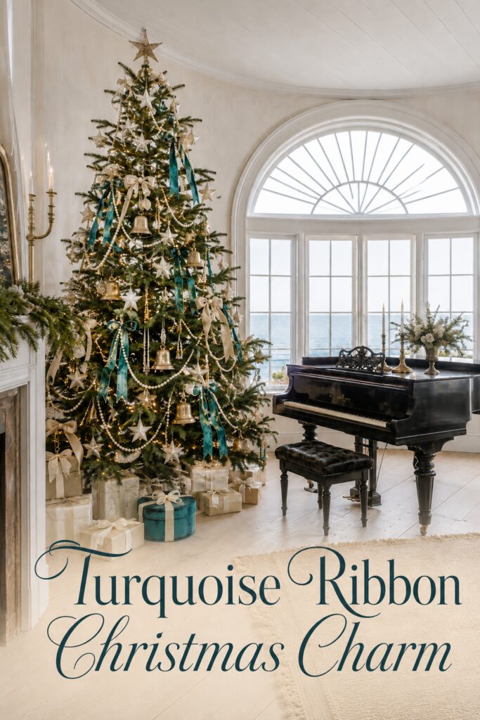 Christmas tree with turquoise and ivory ribbons beside a piano in a cream room with the words Turquoise Ribbon Christmas Charm