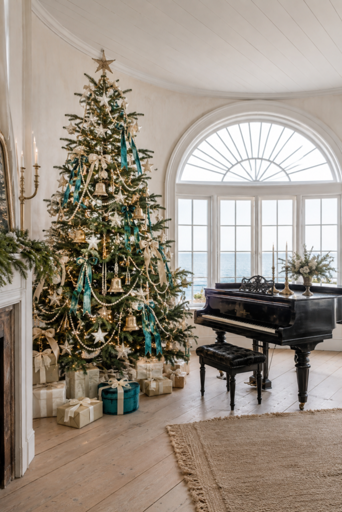 Coastal Christmas music room with turquoise velvet tree bows pearl garlands gold bells and a black grand piano beside an arched ocean view window