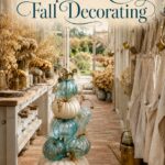 Autumn potting room with blue green glass pumpkins cream gourds and golden foliage beneath the words Turquoise and Ivory Fall Decorating
